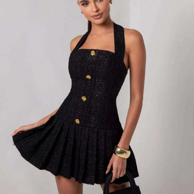 Temperament Elegant Women's Halter Neck Dress Solid Color Braid Fabric Pleated Short Dresses Socialite Commuting Style Vestidos