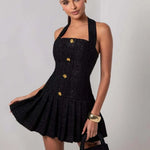 Temperament Elegant Women's Halter Neck Dress Solid Color Braid Fabric Pleated Short Dresses Socialite Commuting Style Vestidos