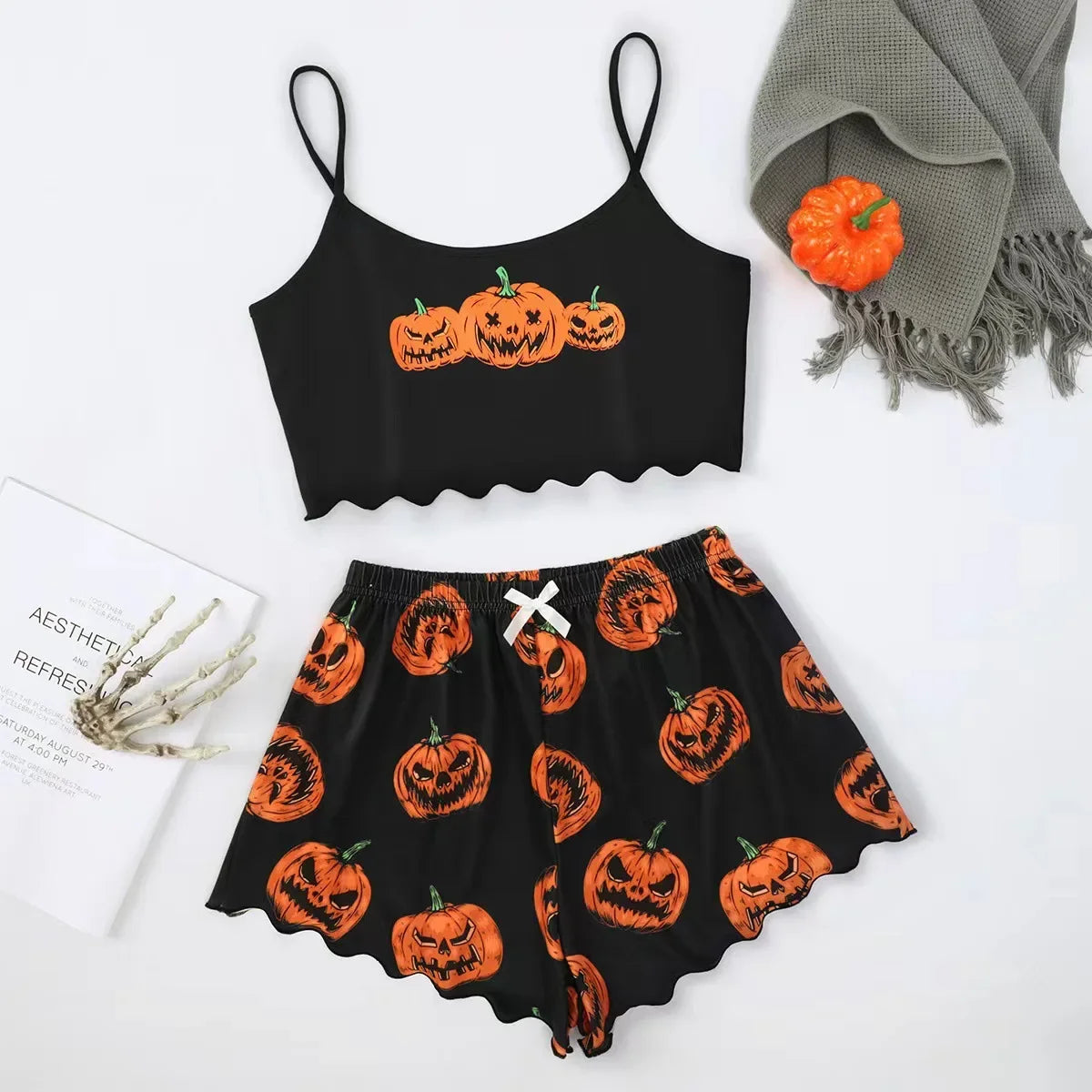 Halloween Devil Pumpkin Print Pajamas Set Women Short Sleeve Tops and Shorts Set Home Clothes Sleepwear Nightwear