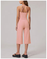 Hanging Neck Camisole Yoga Sets Women Nude Hollow Back Cross Slim Sports Tank Top High Waist Wide Leg Capri Pants Fitness Suits