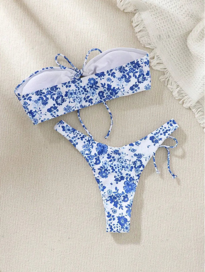 New Sexy Floral Print Bandeau Bikini 2024 Women Swimwear Female Swimsuit Two Pieces Thong Bikini Set Bather Tie Bathing Suit