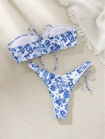 New Sexy Floral Print Bandeau Bikini 2024 Women Swimwear Female Swimsuit Two Pieces Thong Bikini Set Bather Tie Bathing Suit