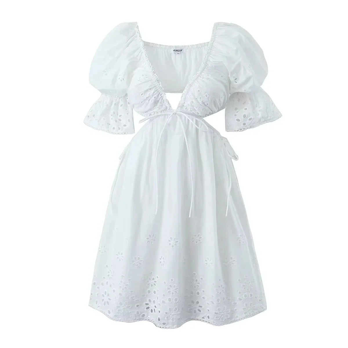 Foridol Lace Summer White Dress Women Puff Sleeve Embriodery Waist Cut Out Beach Short Sexy Cotton Dress Backless 2025 Sundress
