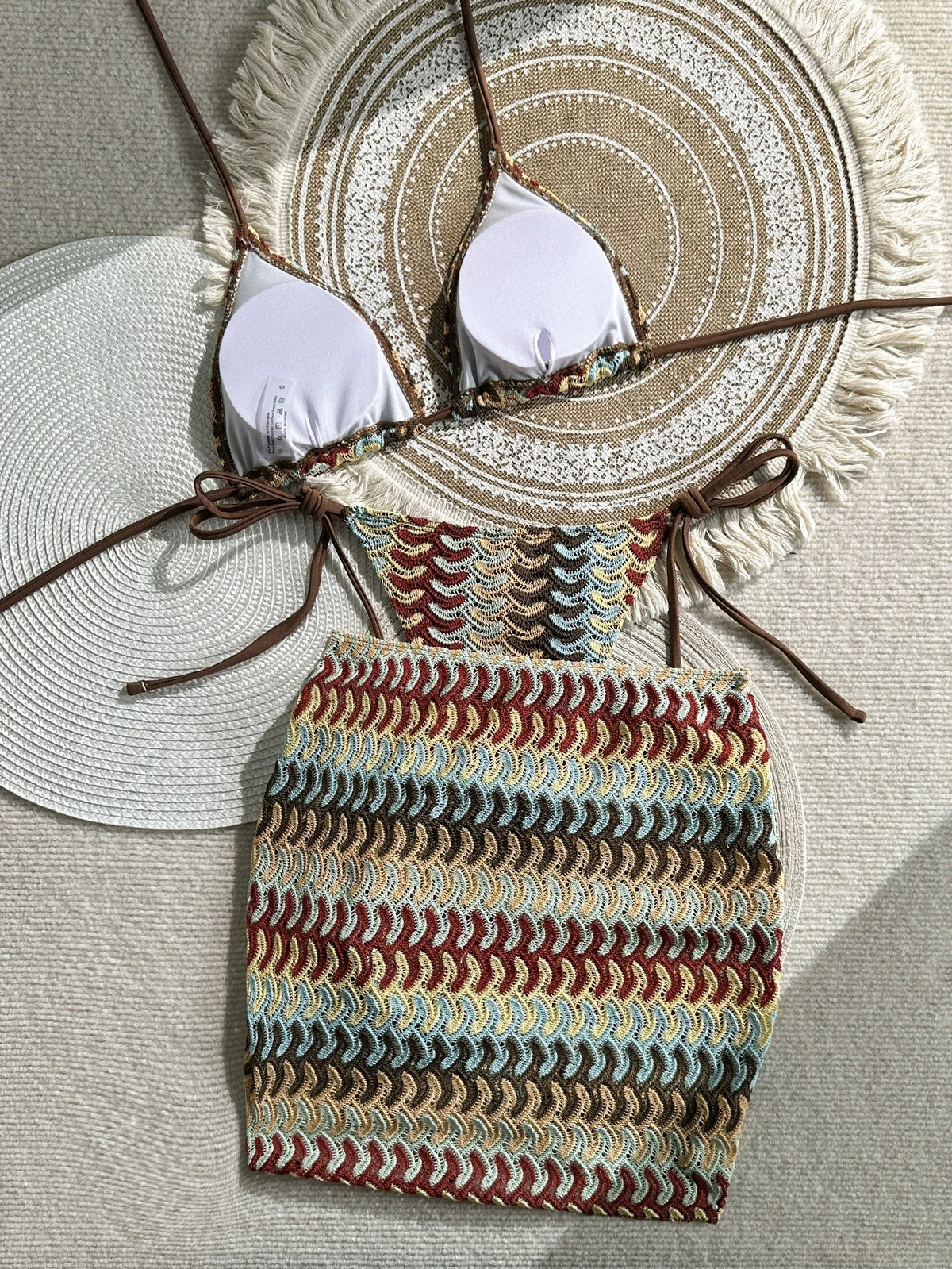 DEKA Vintage Green Striped Knitted Bikini Set Women Sexy Swimwear Drawstring Side Cover Up 3 Piece Swimsuit Bathing Suit Holiday