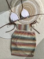 DEKA Vintage Green Striped Knitted Bikini Set Women Sexy Swimwear Drawstring Side Cover Up 3 Piece Swimsuit Bathing Suit Holiday