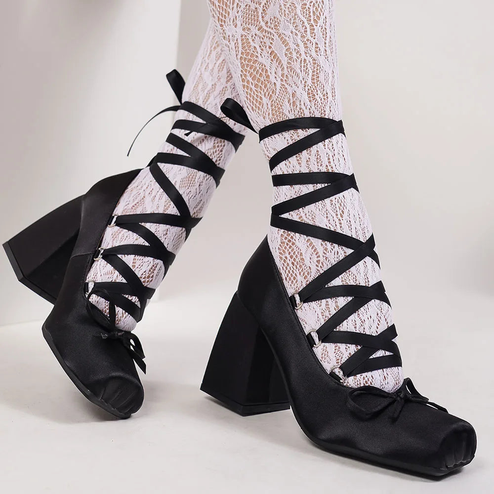 2026 Big Size 43 Cute Red Lolita Ankle Wrap Pumps Sweet 9cm Square High Heels Gothic Cosplay Ballet Style Mary Janes Shoes Women