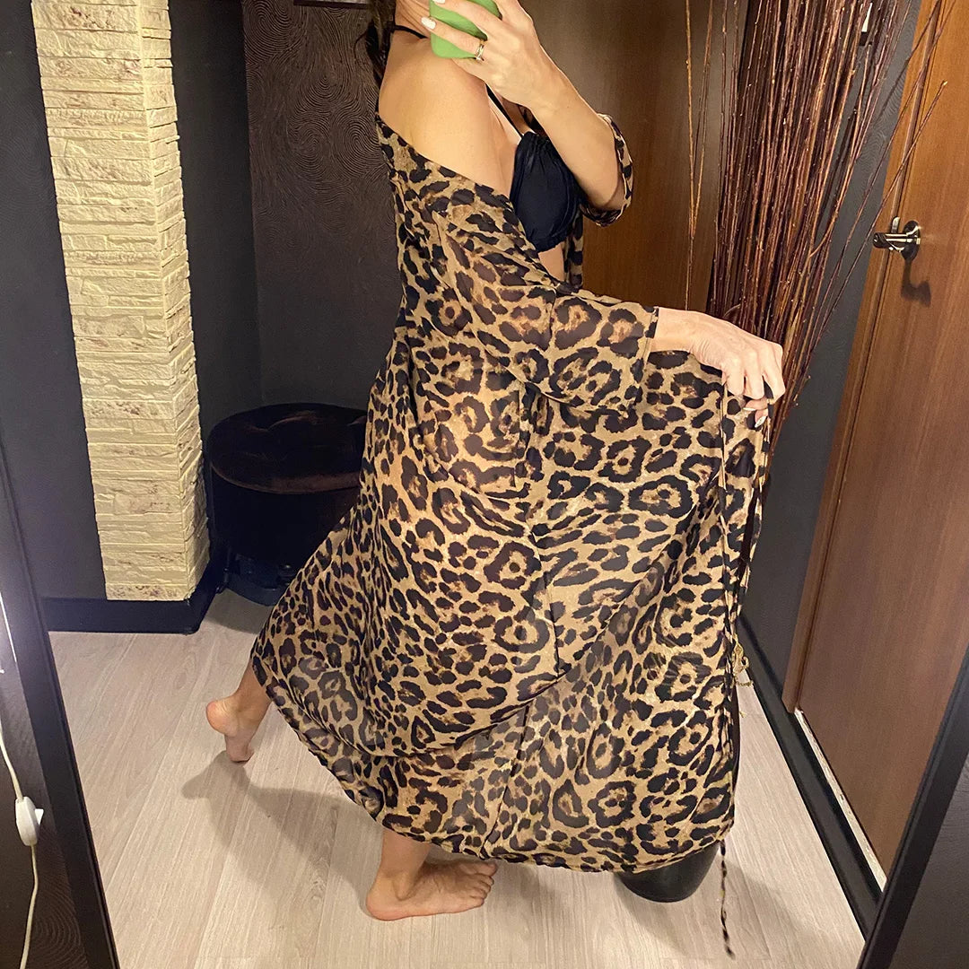 New Sexy Leopard Printed Beach Cover Up Chiffon Cover-ups Swimwear Beach Wear Summer Beachwear Female Women Long Dress K3219C