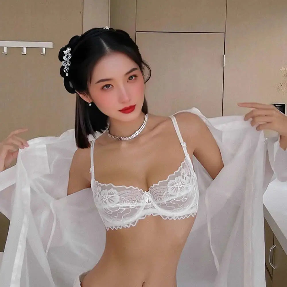 French Lace Lingerie Set Women Ultra Thin Sexy Underwire Bra&Panty Push Up Gather Breasts Pure Desire Large Breasts Support