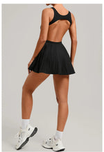 New Large Backless Tennis Dresses Women Solid Color Sleeveless Glare Pleated Yoga Skirt with Pocket Shorts Running Fitness Dress