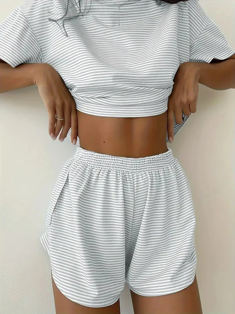 2026 New Women's Striped Pajama Set Summer Short-Sleeved T-Shirt and Shorts 2-Piece Set Home Wear Casual Loose Round Neck Pajama