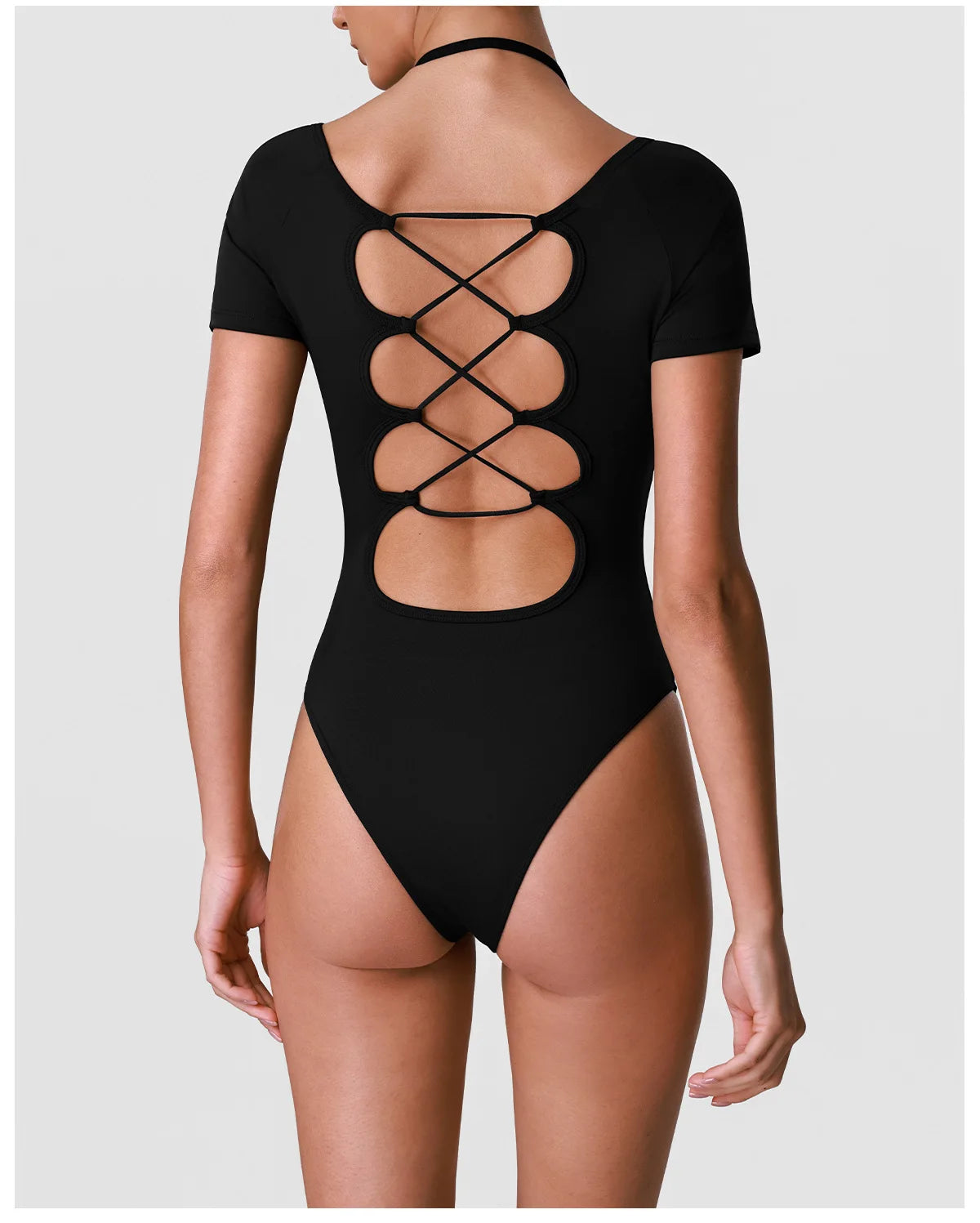 Summer Women's Cross Hollow Back Yoga Jumpsuit Short Sleeved Slimming Sports Overalls High Stretch Push Up Fitness Bodysuit
