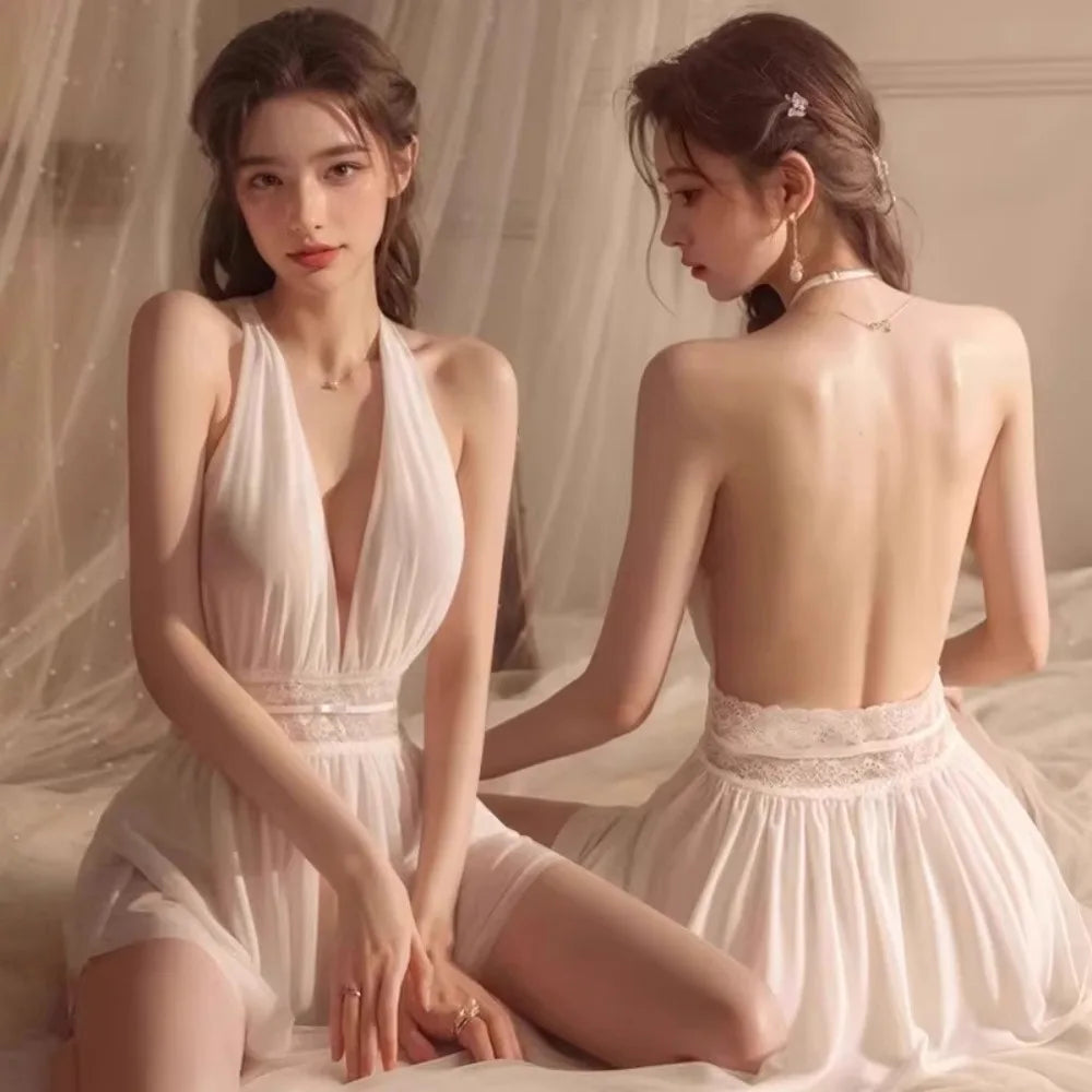 French Style Sexy Nightgown for Women Thin Strap Backless Lace Mesh Sleep Dress Summer French Style Hot Date Night Homewear