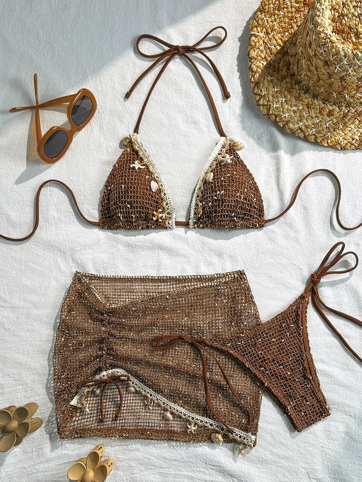 DEKA Knitted Mesh Halter Tie 3 Pieces Bikinis Sets with Package Skirt Swimsuits Beachwear Swimwear Biquini Купальник Женский