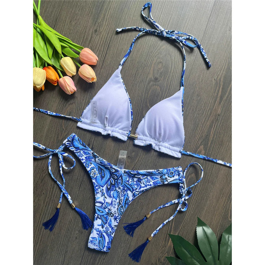 Sexy Flowers Printed Halter Brazilian Bikini Female Swimsuit Women Swimwear Two-Pieces Bikini Set Bather Bathing Suit Swim V6070