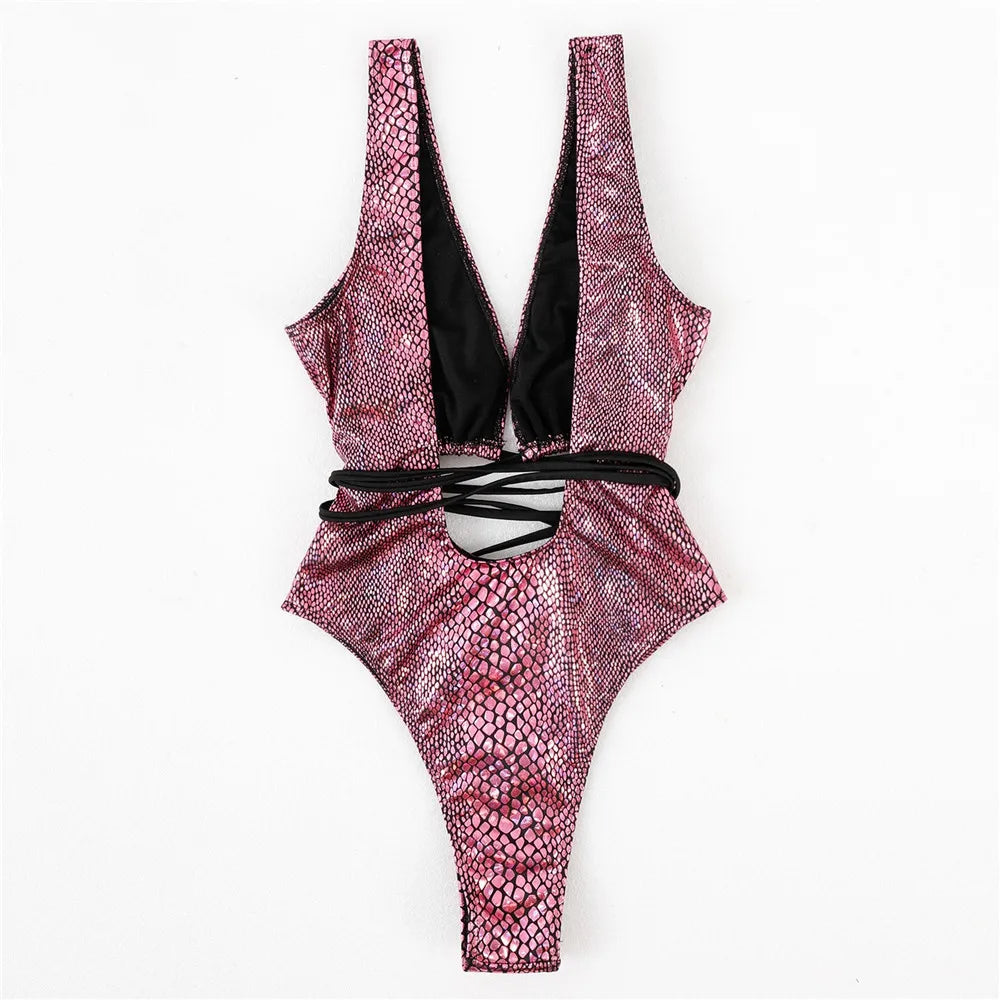 Sexy Gold Snake Print Shiny Swimwear Cut Out Monokini One Piece Swimsuits Women 2025 String Cross Bathing Swimming Suit Bodysuit