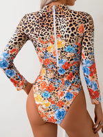 Vintage Red Floral Leopard Print One Piece Swimsuit 2025 Women Long Sleeve Back Zipper Slim Swimwear Beach Surf Bathing Suits
