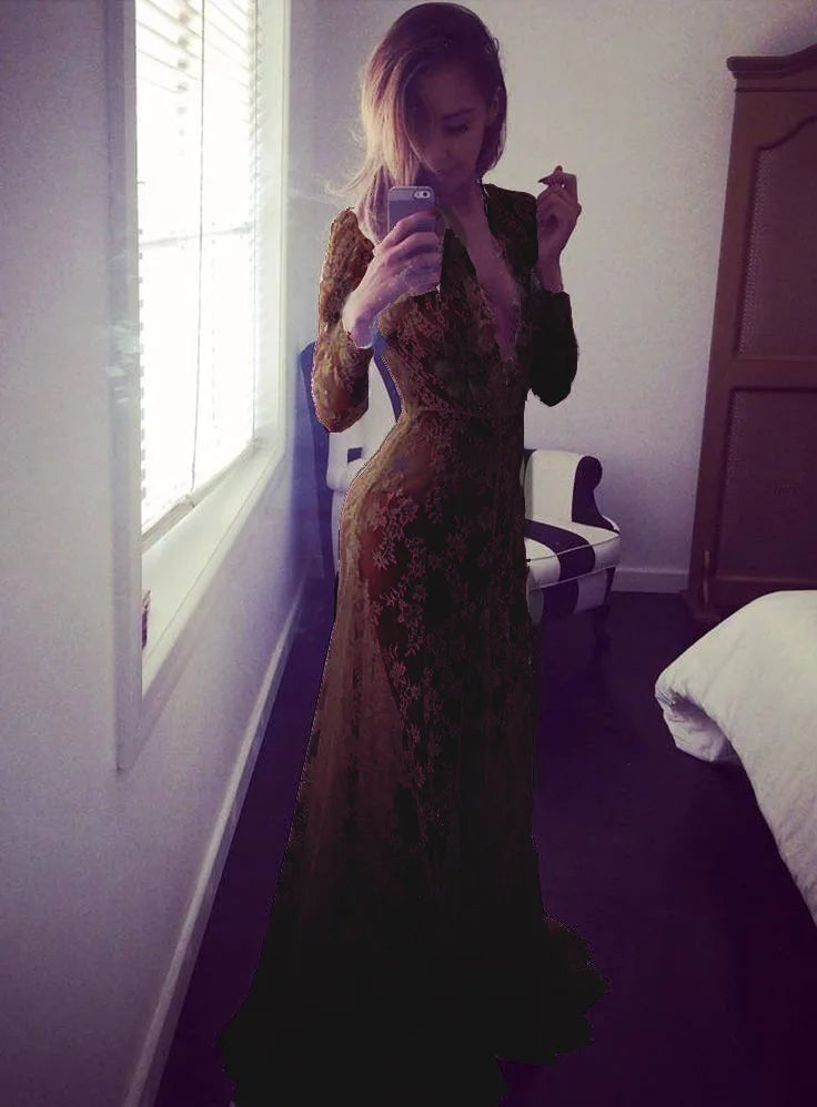 Sexy See Through Lace Long Dresses For Women Deep V-neck Solid Color Maxi Dress Fashion Streetwear Party Night Club Vestidos New