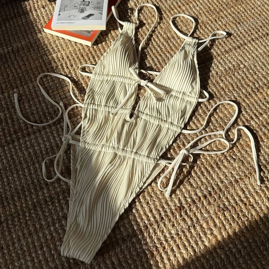 Deep V Neck Halter Wrinkled Female Swimwear One Piece Swimsuit Women Backless Monokini High Cut Bather Bathing Suit Swim Lady