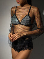 Women Rhinestone Fishnet T-shirt Solid Color Long Sleeve Crop Tops See Through Hollow Out Sexy Shirts Female Smock Tops