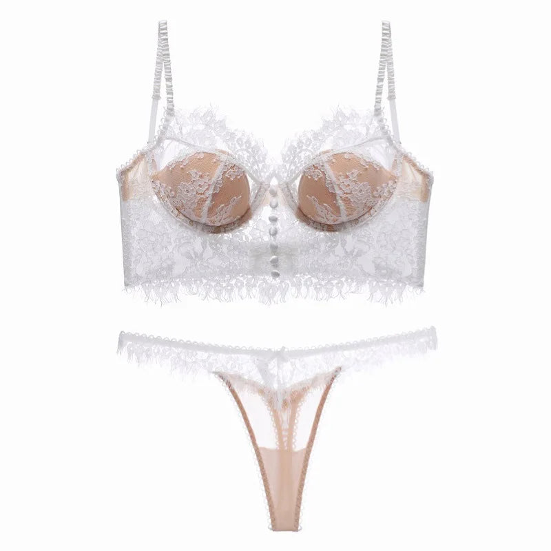 French Ultra Thin Lace Bra Set Sexy U Type Beautiful Back Underwear for Women Embroidery Flowers Bralette Romantic Bra Thong Set