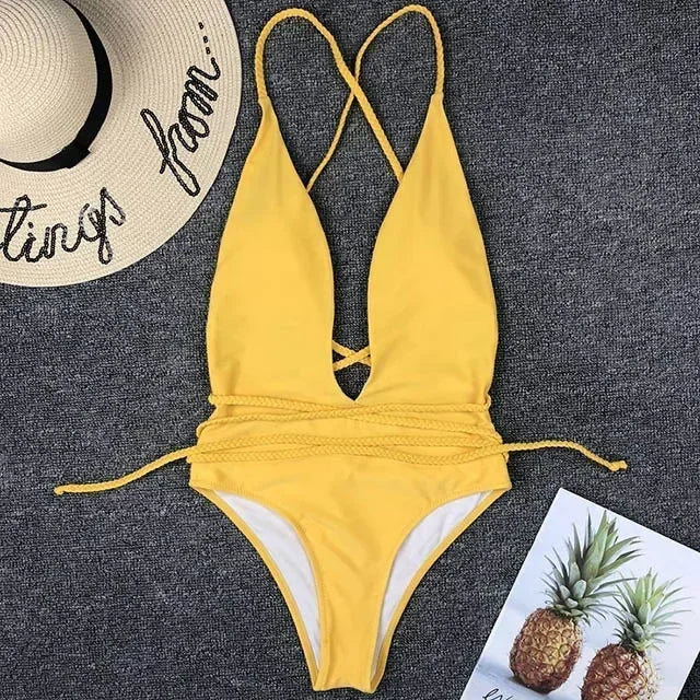 Sexy Deep V Neck Wrap Around Female Swimwear One Piece Swimsuit Women Backless Monokini High Leg Cut Bathing Suit Swim Beachwear