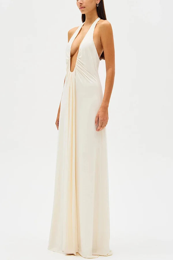 Sexy Deep V Halter Neck Long Dress Women Elegant Bandage Patchwork Luxury Evening Dresses Solid Color Hot Girls Party Vestidos