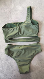 Woman 2026 Bikini One Shoulder Top Olive Green Bikinis High Waist Brief Side Cut Out Swimwear Solid Cropped Top Two Piece