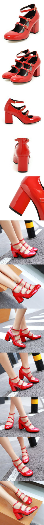 Brand New Big Size 43 Sweet Red Mary Jane Pumps Lovely 7cm High Heels Buckle Straps Party Shoes Black Office Lady Shoes Women