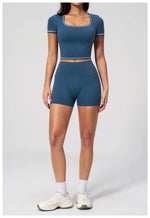Speed Drying Tight Yoga Sets Women Color Contrast Short Sleeve Slim Sports Top High Waist Leggings Running Fitness Athletic Wear