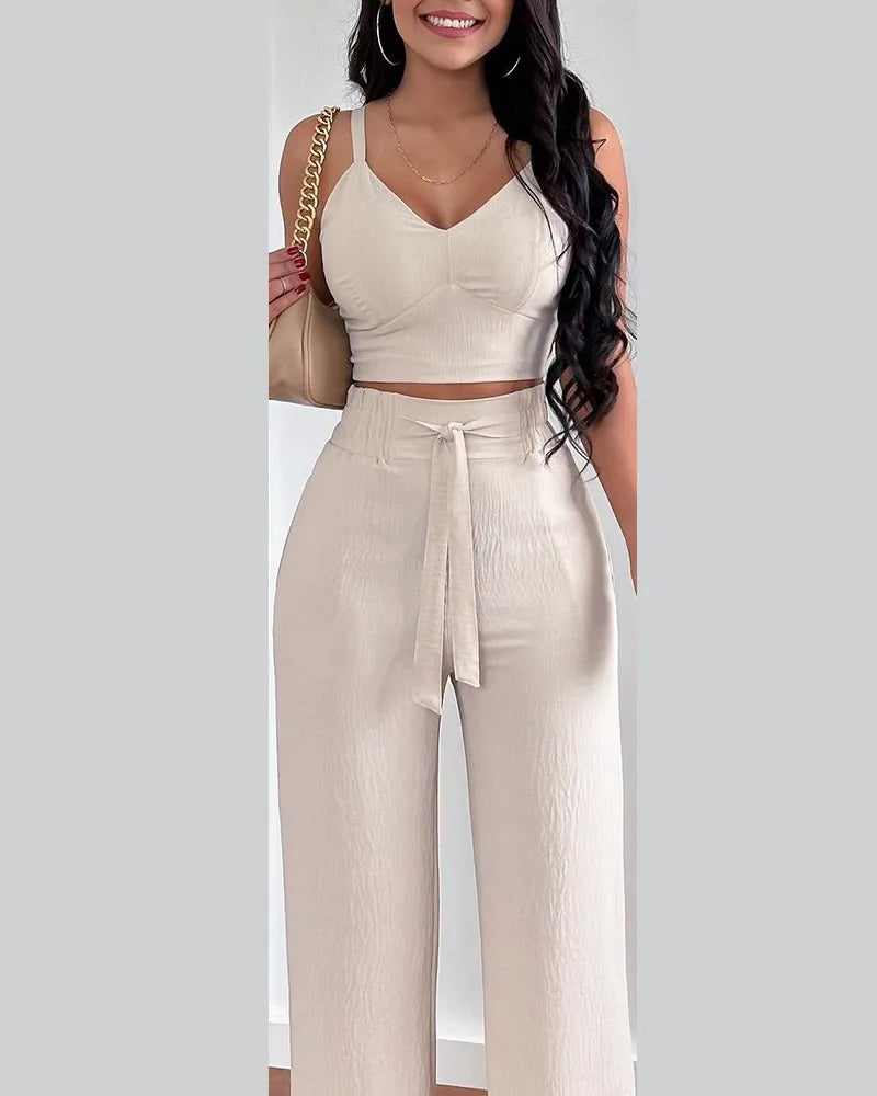 Women's Two Piece Sets Fashion Print Halter V-Neck Short Tank Suit Tops Long Pants Matching Set Summer Casual Female Slim Pants