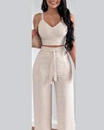 Women's Two Piece Sets Fashion Print Halter V-Neck Short Tank Suit Tops Long Pants Matching Set Summer Casual Female Slim Pants