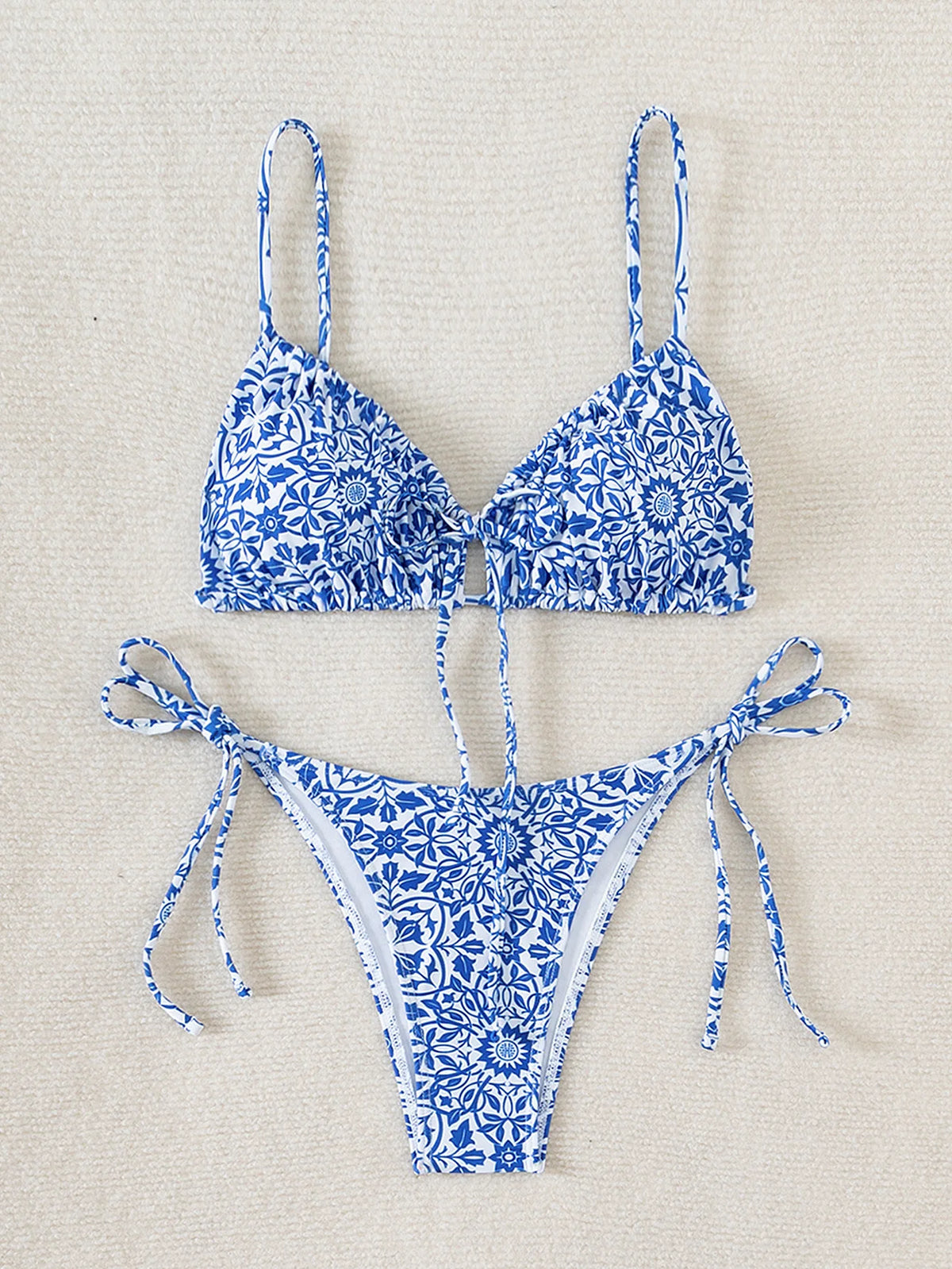 Sexy Floral Print Micro Bikinis Sets Two Pieces Blue Porcelain Swimwear Drawstring Swimsuit Women Biquini Thong Bathing Suits