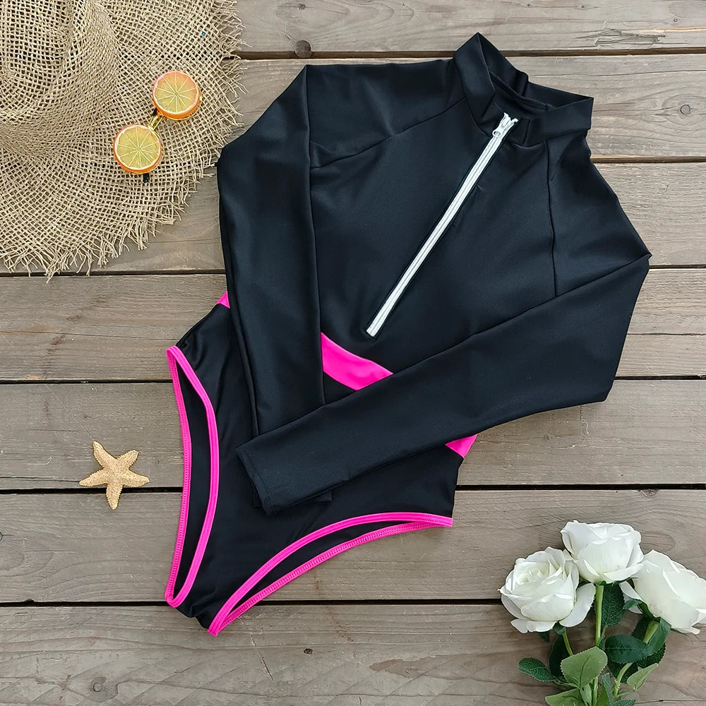 2026 Surfing Sport Swimsuit Long Sleeves Women One Piece SwimsuitSwimwear Solid Monokini Bathing Suit Tropical Bodysuit Female