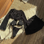 Summer 4 Piece Bikini Set 2025 Women Sexy Black Long Sleeve Cover Up and Skirt Swimsuit Beach Bathing Suit Holiday Swimwear