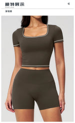 Speed Drying Tight Yoga Sets Women Color Contrast Short Sleeve Slim Sports Top High Waist Leggings Running Fitness Athletic Wear