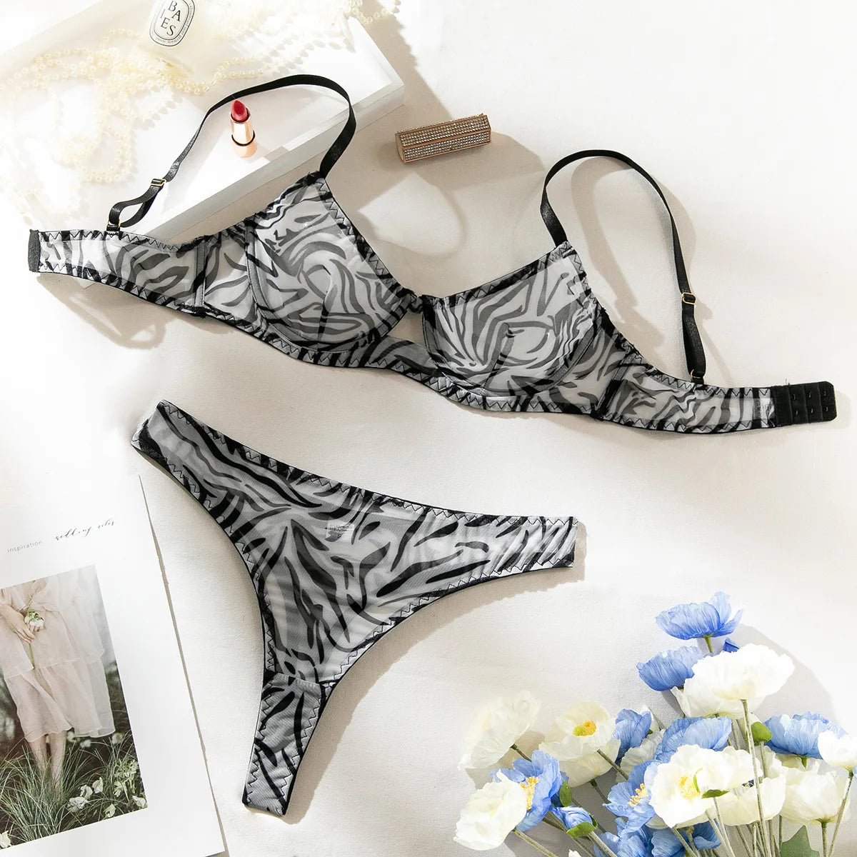 Seamless Leopard Printed Underwire Underwear Lace See Through Push Up Bra and Panty Set Women Sexy Lingerie Outfit