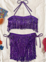 Shiny Glitter Bikini Set 2025 Women Sexy Bandeau Push Up Sequin Tassel Swimsuit Ladies Beach Bathing Suit High Waist Swimwear