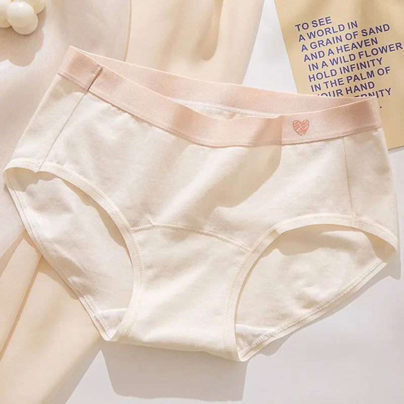 1 Pack Women's Heart Print Waistband Cotton Mid-Rise Panties Solid Color Briefs Stretch Daily Wear Lingerie M-XL Underwear
