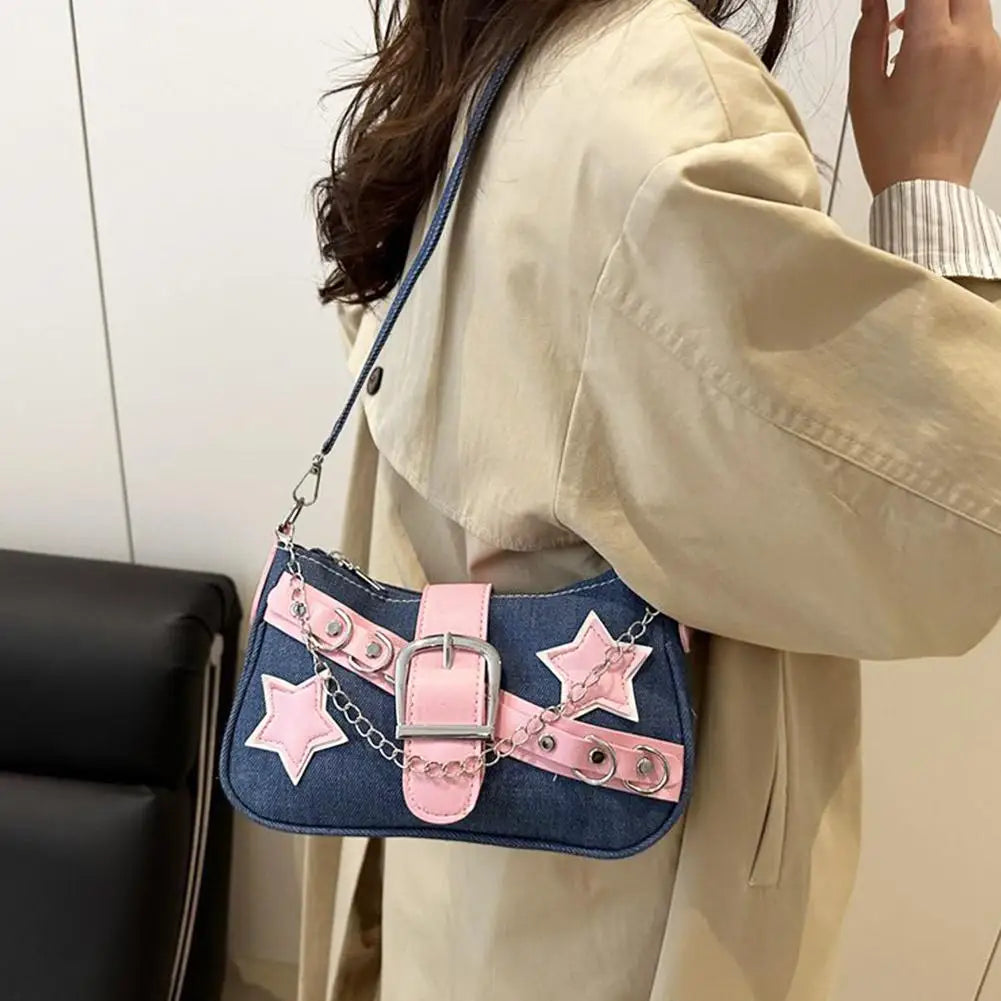 Fashion Women's Handbags Denim Stars Pattern Cool Girls Underarm Bag Female Small Shoulder Hobo Bags Chain Tote Bag