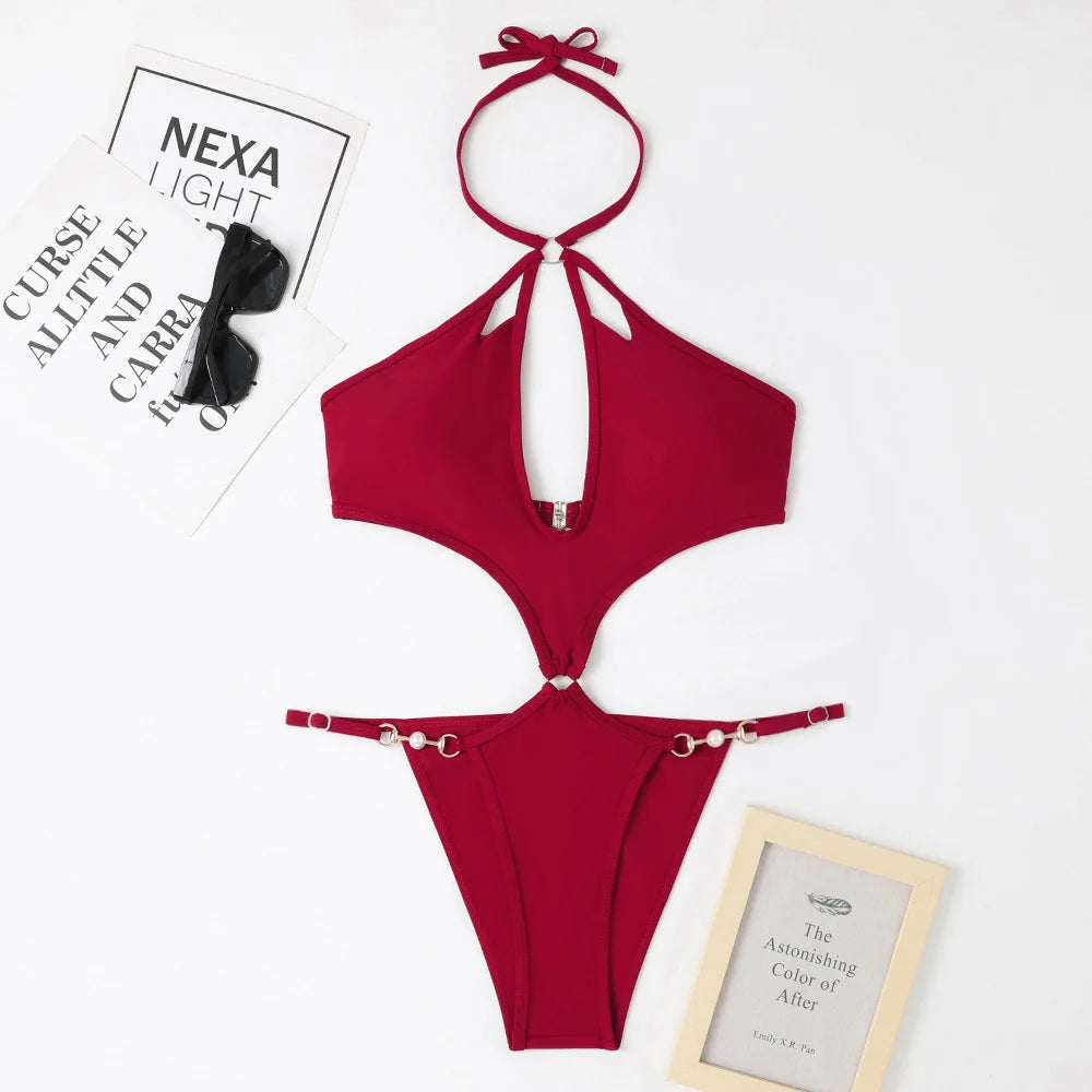 Solid Color One Piece Swimsuit Women 2026 Sexy Hollow Out Pearl Chain Bikini Halter Backless Thong Swimwear Beach Bathing Suit
