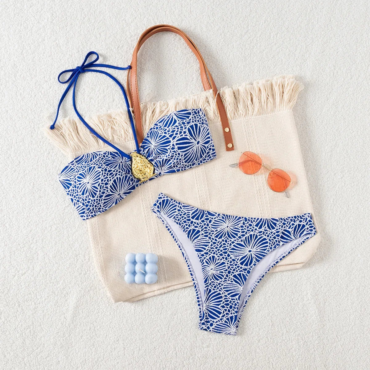 Bandeau Swimsuit Blue Thong Bikinis Women Sexy Print Halter Swimwear Female Padded Bathers Bathing Swim Suit Beach Wear Summer