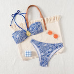 Bandeau Swimsuit Blue Thong Bikinis Women Sexy Print Halter Swimwear Female Padded Bathers Bathing Swim Suit Beach Wear Summer