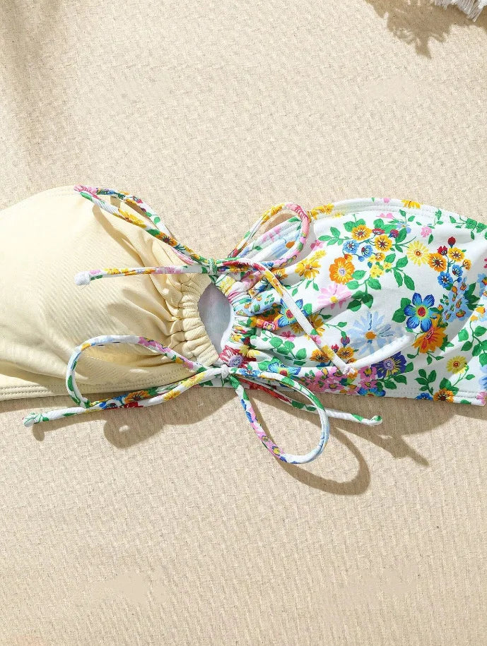New Sexy Floral Print Bandeau Bikini 2024 Women Swimwear Female Swimsuit Two Pieces Thong Bikini Set Bather Tie Bathing Suit