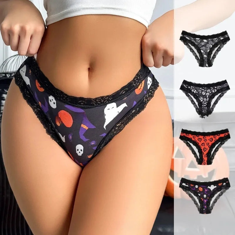 1 Pc Printed Lingerie for Women Sexy Lace Edge Wrapped Hip Underwear Halloween Themed Comfortable and Breathable Triangle Pants