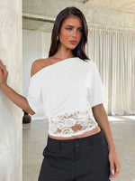 FDYOUI Sexy Chic Diagonal Collar Lace Patchwork T-shirts 2026 Women Short Sleeve Irregular Cropped T Shirt Lady Tunics Tops Tees