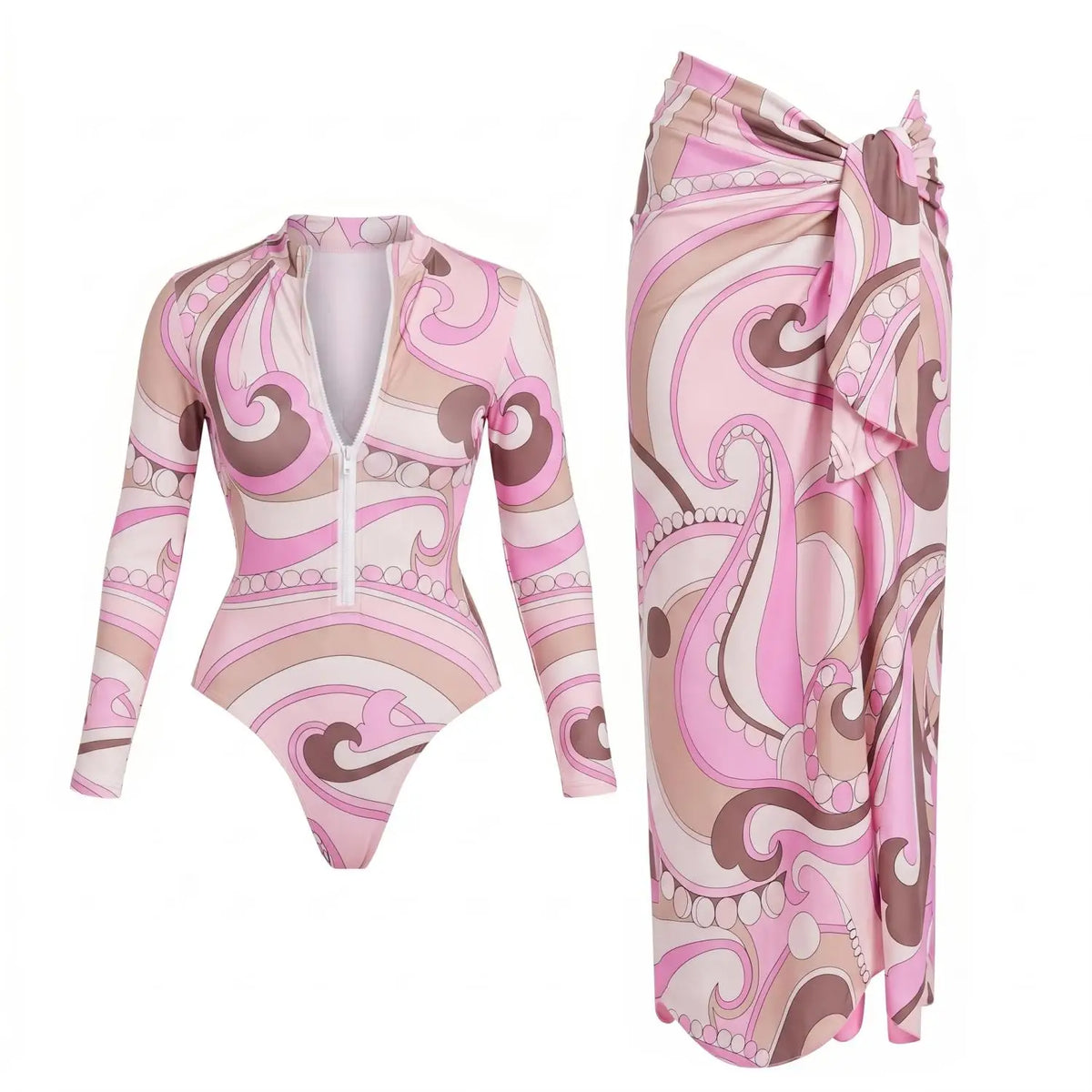 Black And Printed Long Sleeve Swimsuit With Cover Up Sexy Swimwear Women Surf Swim Suit Slimming Bathingsuit Bodysuit Beachwear