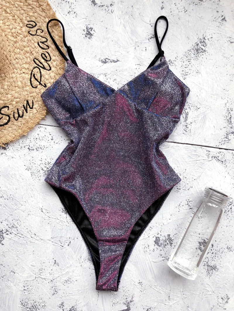 DEKA One Piece SwimsuitWomen'sSexy Glitter High Cut Tights V Neck Shiny Swimwear Female Bather Sparkling Bathing Suit Swim