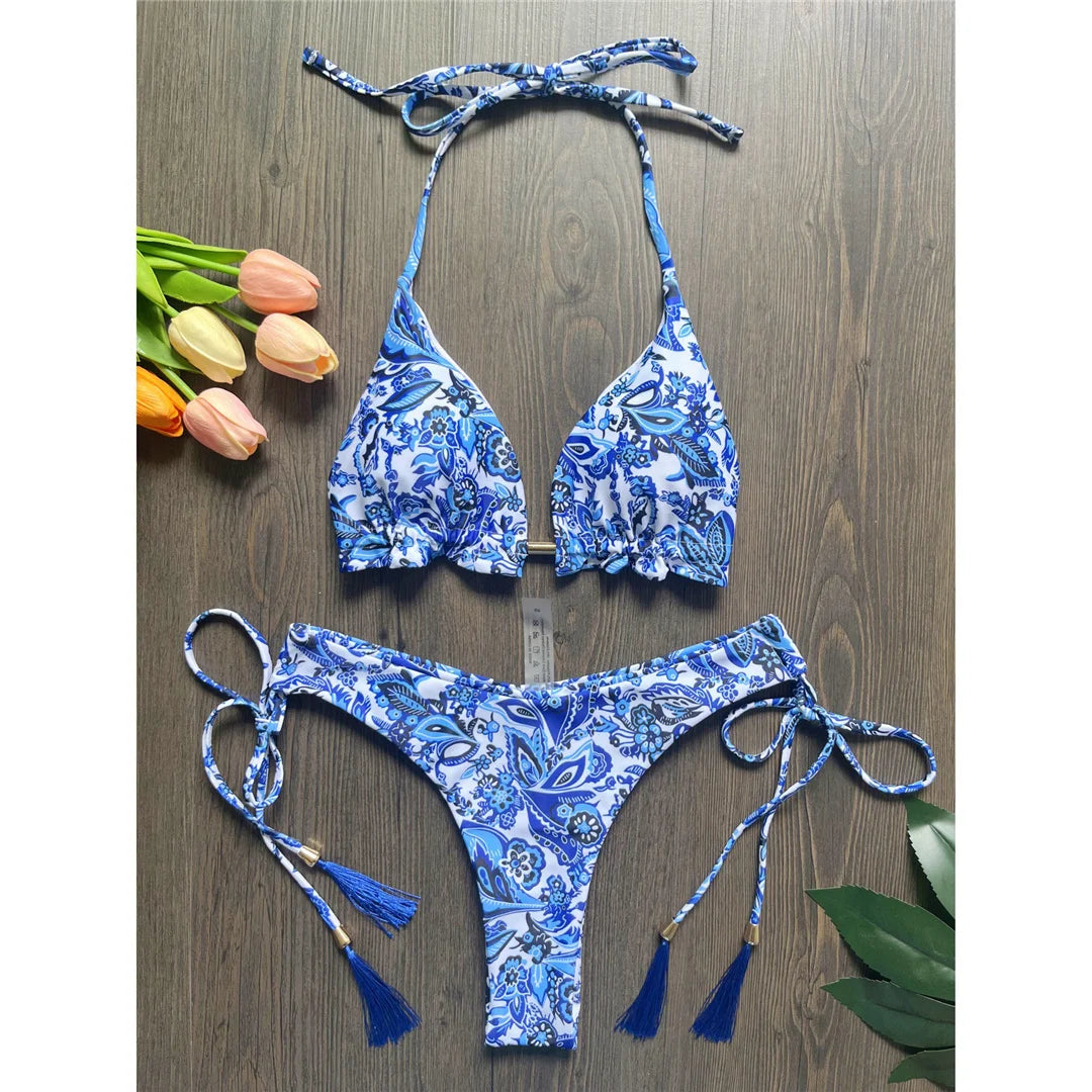 Sexy Flowers Printed Halter Brazilian Bikini Female Swimsuit Women Swimwear Two-Pieces Bikini Set Bather Bathing Suit Swim V6070