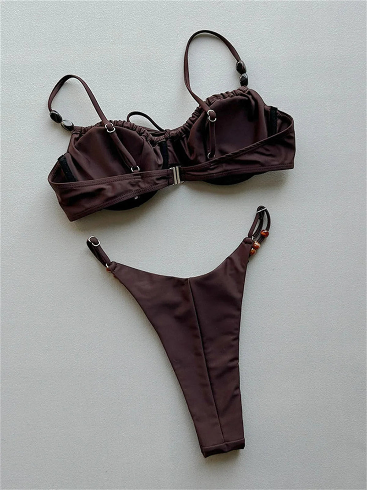 Sexy Black Polka Dot Print Bikini Set Women Pleate Push Up Underwire Bra Beaded String Thong Swimsuit 2026 Bathing Suit Swimwear