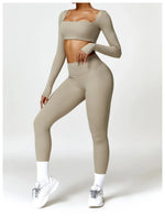 Hearuisavy Summer 2PCS Long Sleeve Gym Set Women Yoga Clothes Quick-Drying Sportswear Running Leggings Workout Sports Crop Top